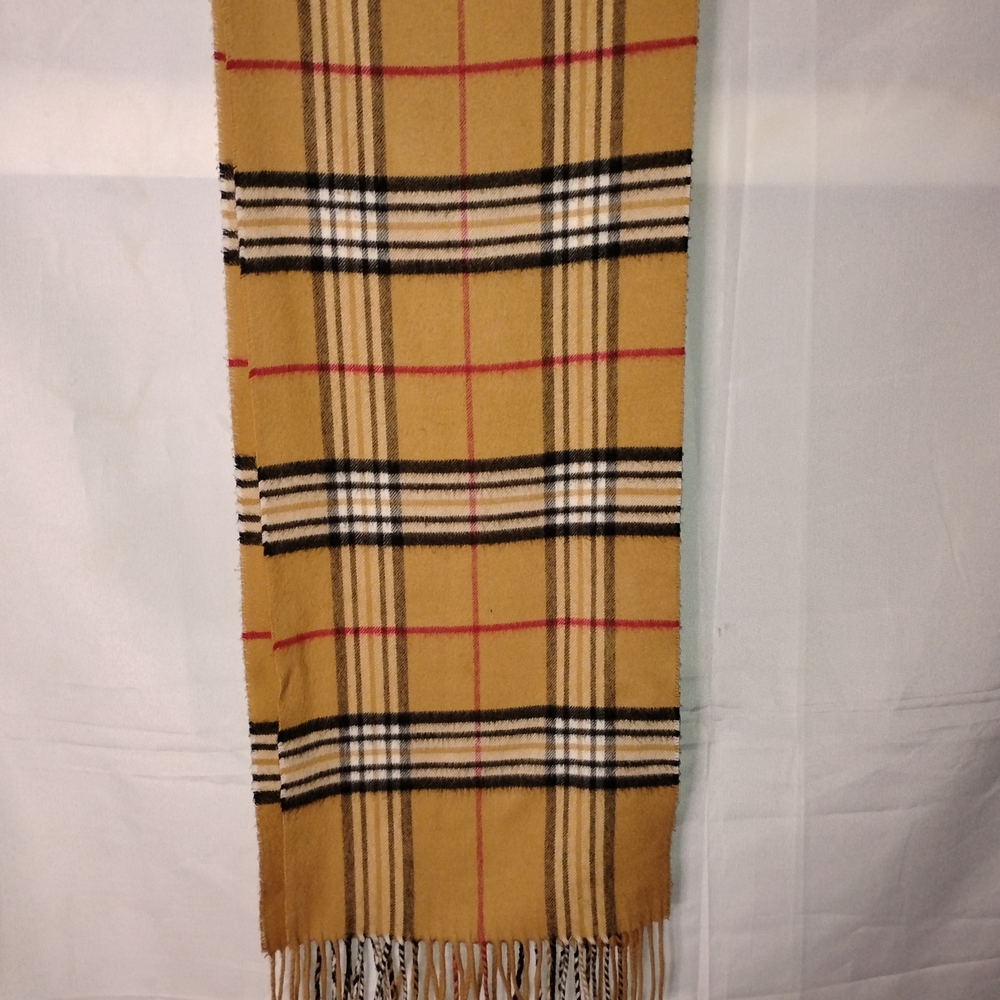 V. FRAAS Tan Plaid Scarf Cashmink Fringes Made in Germany 14x72